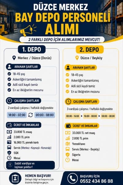 DÜZCE BAY DEPO PERSONELİ ALIMI