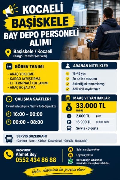 KOCAELİ BAŞİSKELE BAY DEPO PERSONELİ ALIMI