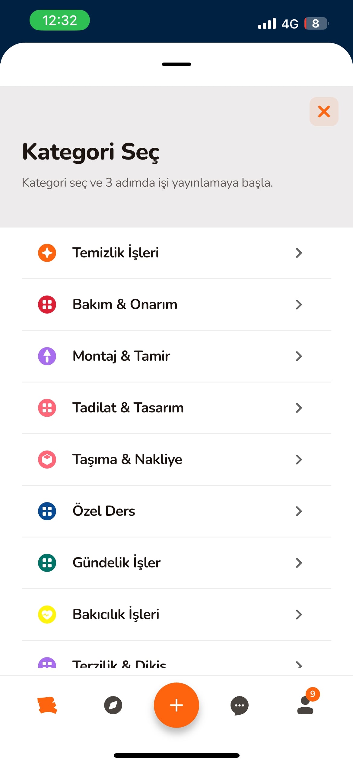 Kategori seçimi