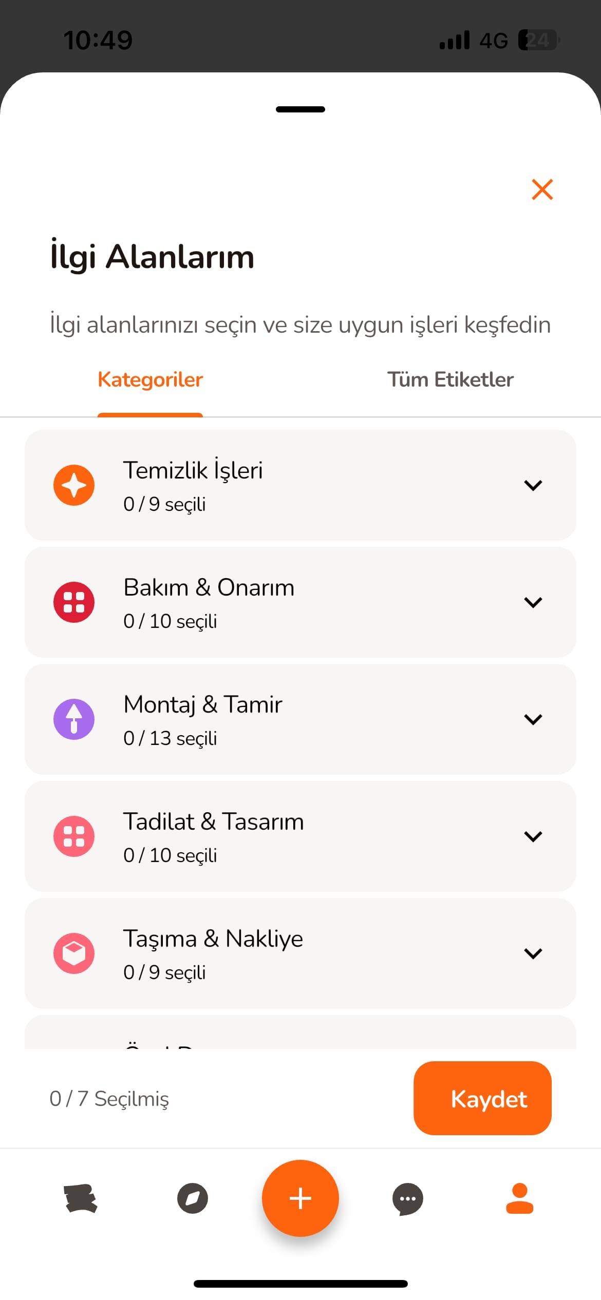 İlgi alanları seçimi