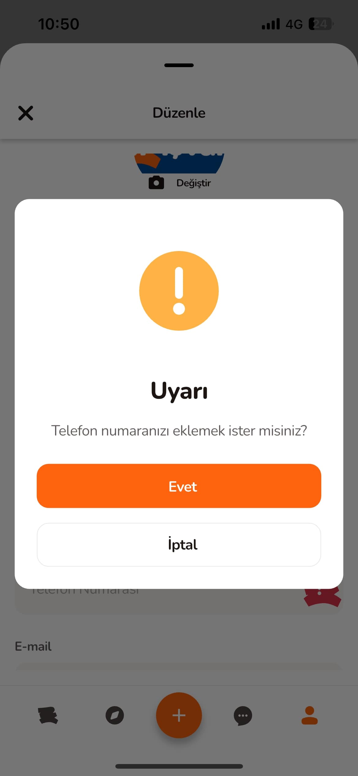 Telefon numarası ekleme uyarısı