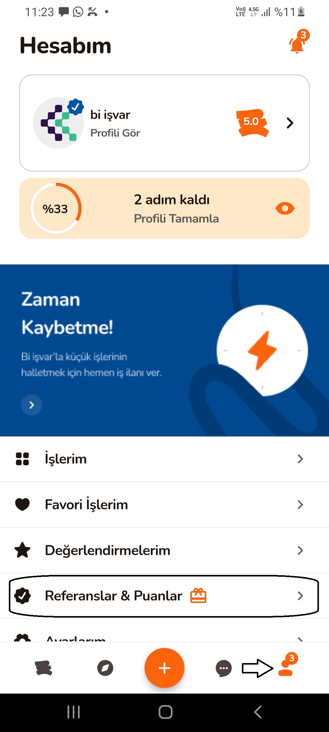 Profil simgesi ve referanslar menüsü