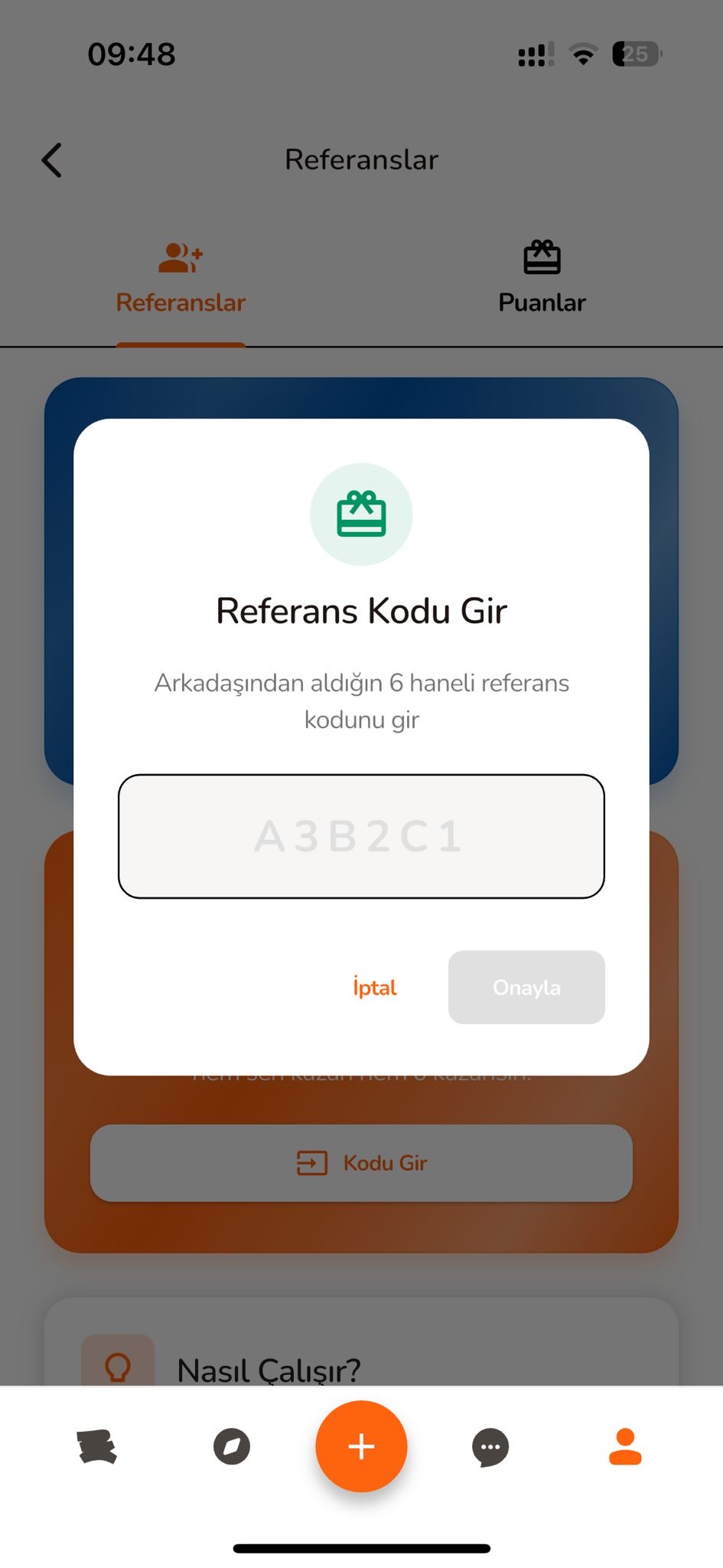 Referans kodu girme ekranı